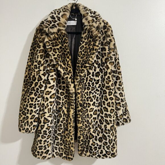 Calvin Klein Leopard Faux Fur Coat Womens L Glam Mob Boss Animal Print Jacket - Picture 1 of 9
